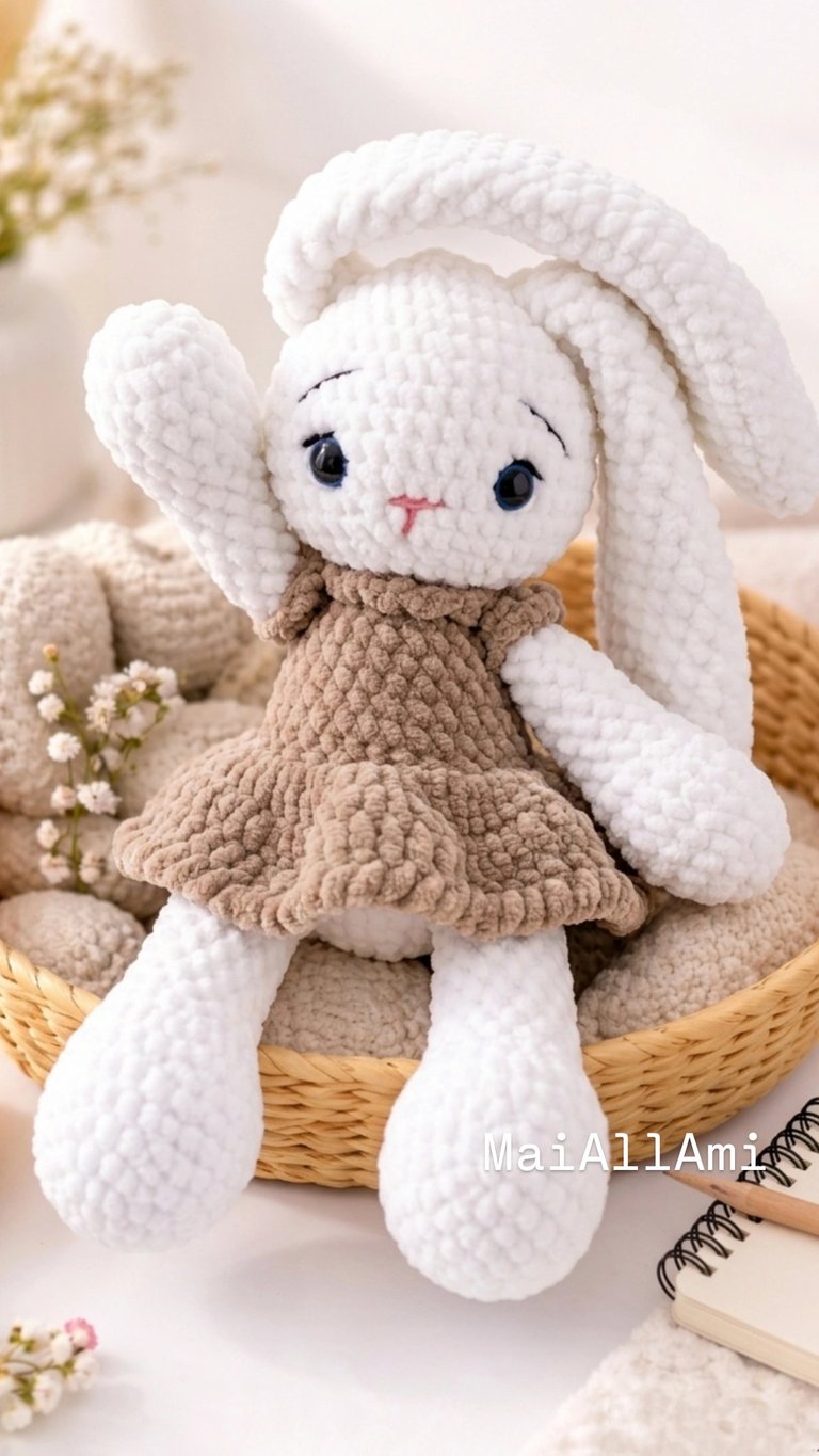 White crocheted bunny toy with long floppy ears wearing a tan knitted dress, sitting in a woven basket surrounded by babys breath flowers
