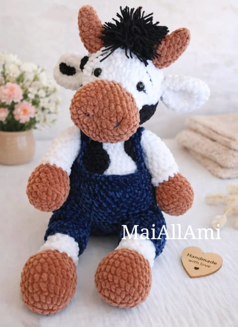 Handmade crocheted cow amigurumi with brown and white textured body, black horns and mane, wearing a blue dress, next to a wooden heart tag