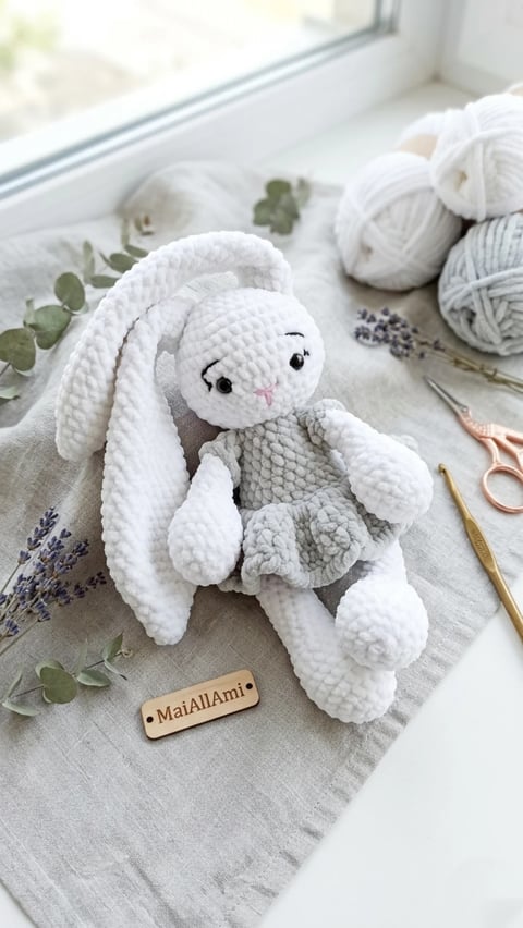 Handmade white crochet bunny toy with long ears on a windowsill surrounded by yarn, dried lavender, and craft supplies