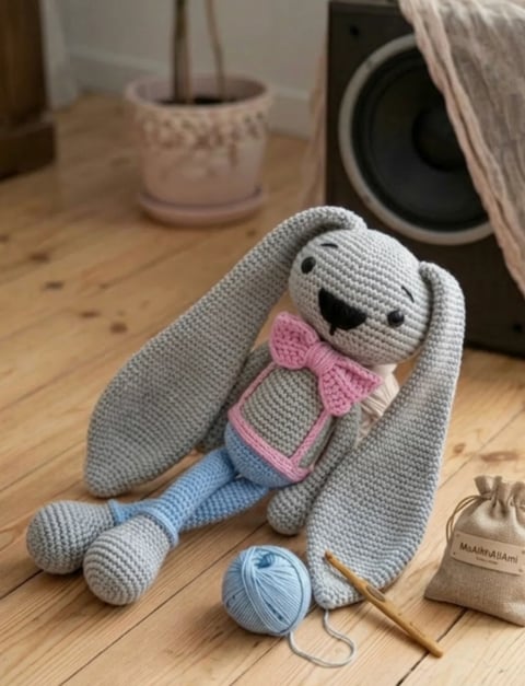 Crocheted grey bunny toy with pink bow and blue pants sitting on wooden floor with yarn and crochet hook