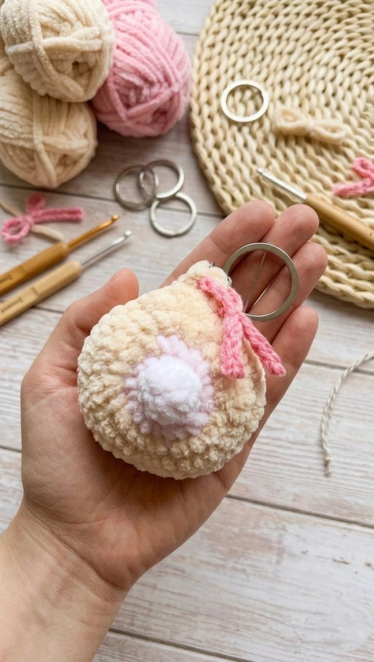 Hand holding a crocheted cream and pink yarn ball keychain with ring attachment, surrounded by craft supplies and knitting materials