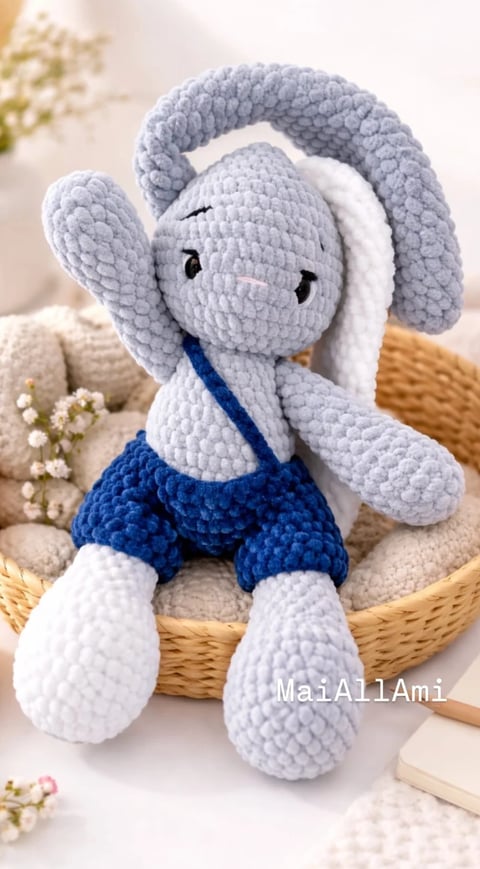 Handmade gray crocheted elephant amigurumi wearing blue shorts, sitting in a wicker basket with white flowers