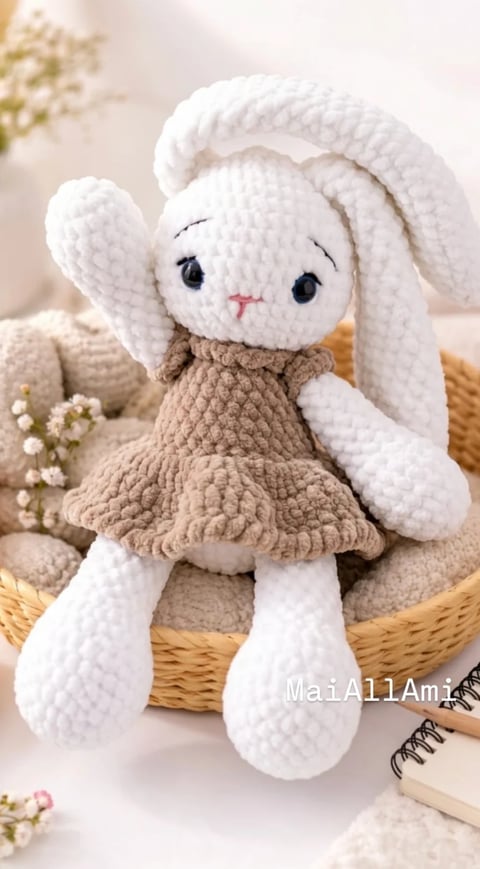 Handmade crocheted white bunny amigurumi with long ears wearing a tan dress, sitting in a wicker basket with flowers and books