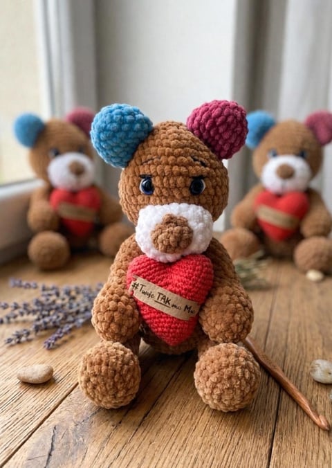 Brown crocheted bear with colorful pompom ears and red heart, surrounded by similar handmade bears on wooden surface