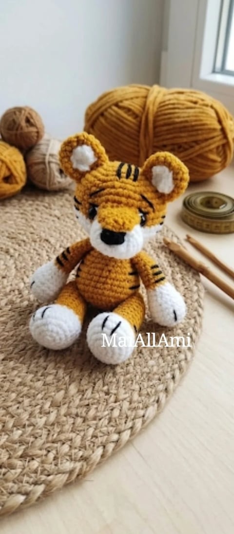 Yellow and white crocheted tiger amigurumi sitting on a beige rug surrounded by yarn balls and crochet supplies