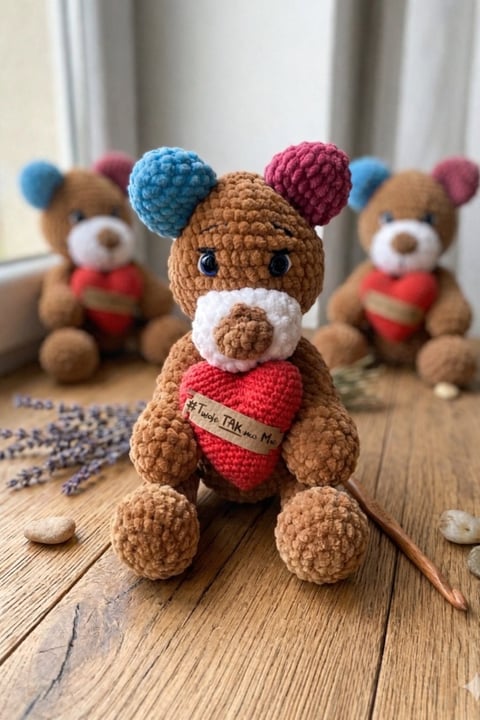 Crocheted teddy bear with colorful pom-pom ears, white snout, and red heart, displayed on wooden surface with similar toys in background