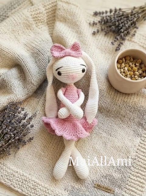 Handmade crocheted bunny doll with white body, pink bow and skirt on cream knit blanket with lavender sprigs and bowl of beads