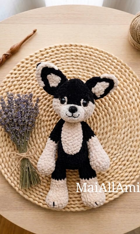 Crocheted black and white chihuahua amigurumi sitting on a round woven placemat next to dried lavender
