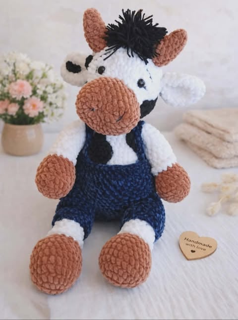 Handmade crocheted cow plush toy with brown and white yarn, black mane, sitting on white surface with flowers and handmade tag nearby