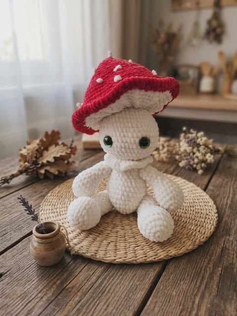 Crocheted mushroom plush with white stem and red spotted cap on woven mat, surrounded by dried flowers and wooden items on wooden table