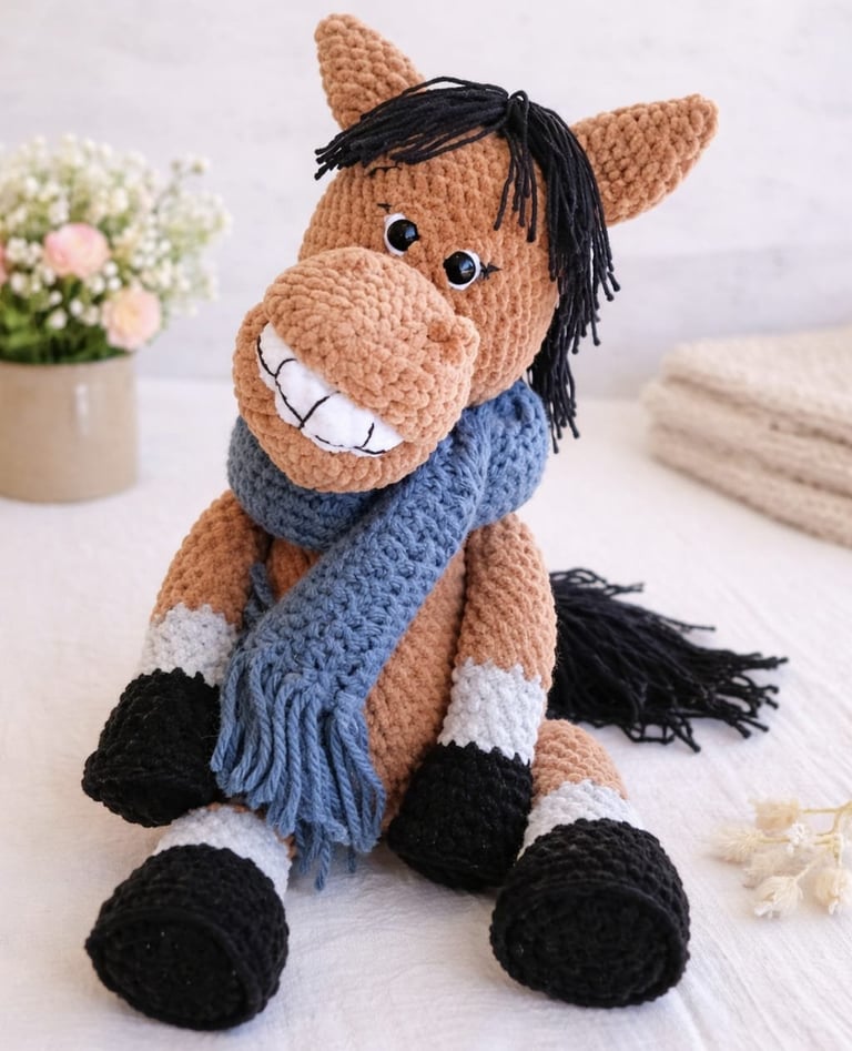 Handmade crochet horse toy in tan with black mane and hooves, wearing a blue scarf, sitting on white surface with flowers in background
