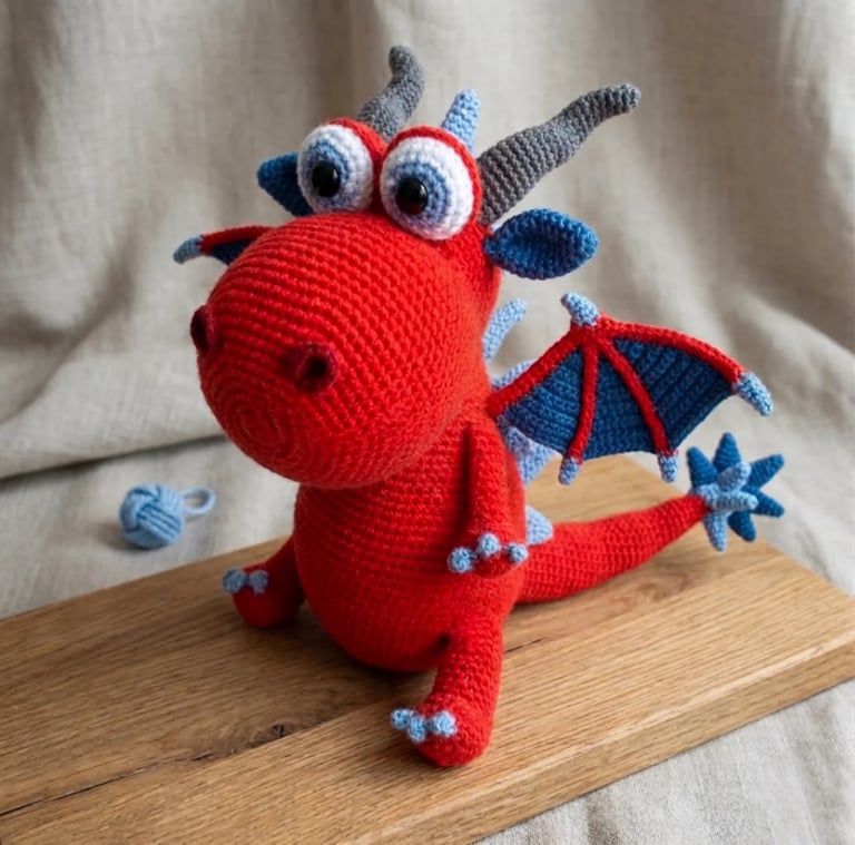 Red crocheted dragon toy with blue accents, large googly eyes, horns, and wings on wooden base