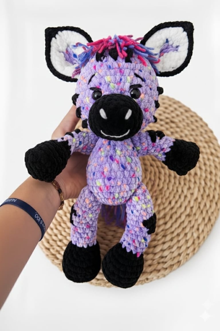 Hand holding a crocheted purple and pink zebra plush toy with black accents on a woven circular backdrop