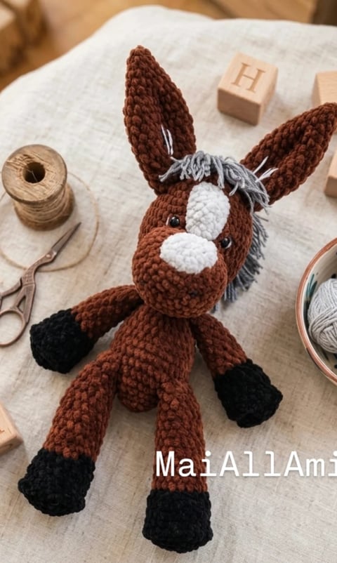 Crocheted brown horse toy with white face and black hooves surrounded by crafting supplies on a white linen surface