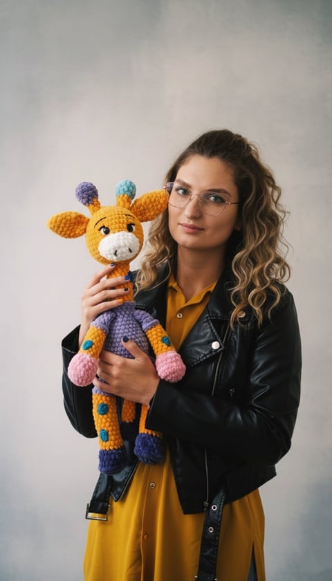 Woman wearing glasses and black leather jacket holding a colorful crocheted giraffe toy against a white background