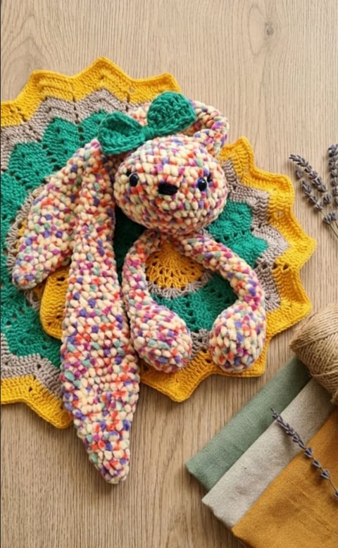 Crocheted colorful octopus amigurumi toy with multicolored striped tentacles sitting on a crocheted flower blanket