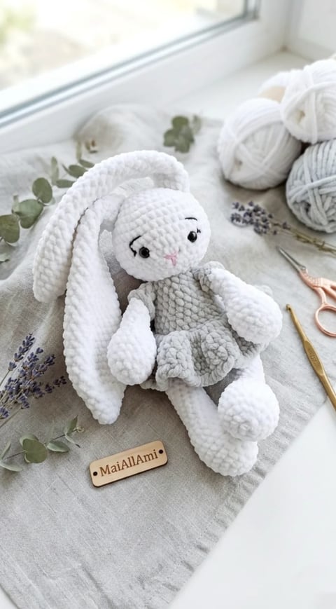 Crocheted white and gray bunny toy with long ears on a linen cloth surrounded by yarn balls, lavender, and crafting supplies
