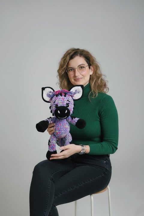 Person holding a purple crocheted zebra toy while wearing glasses and a green sweater