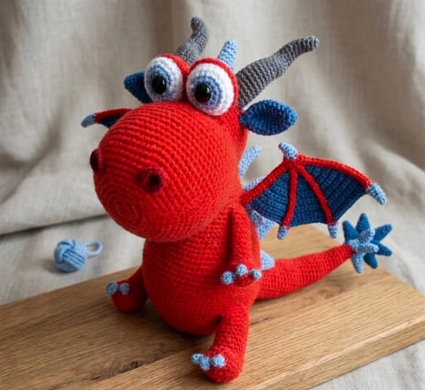 Red crocheted dragon toy with blue wings, horns, and details sitting on a wooden base against a beige fabric background