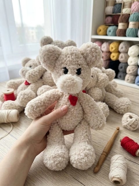 Hand holding a small cream-colored crocheted teddy bear with a red bow, surrounded by yarn and craft supplies