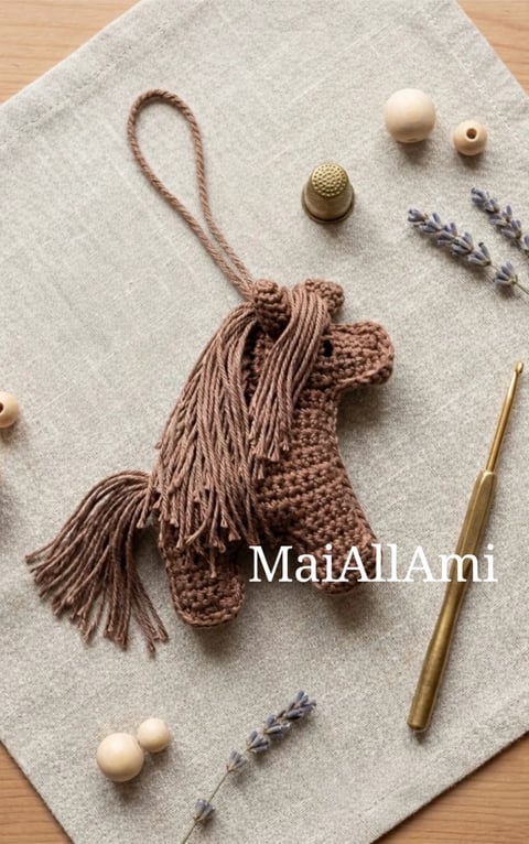 Crocheted brown llama amigurumi ornament with tassel on beige fabric, surrounded by wooden beads and lavender sprigs
