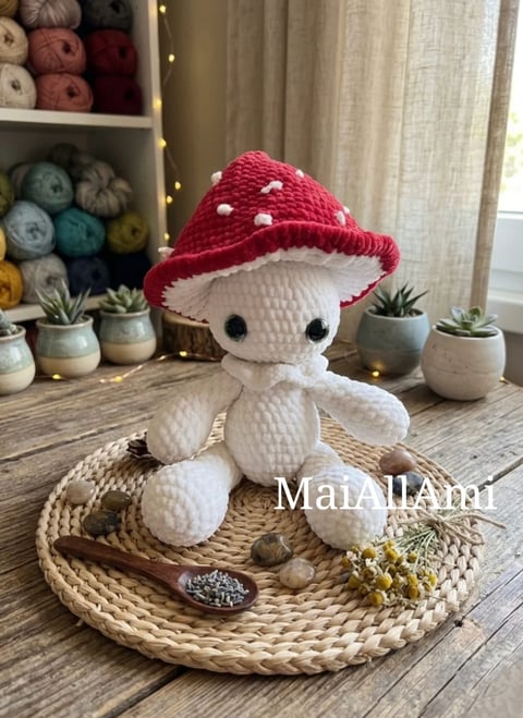 Crocheted white amigurumi character wearing a red mushroom-shaped hat sitting on a woven mat with small plants and decorations