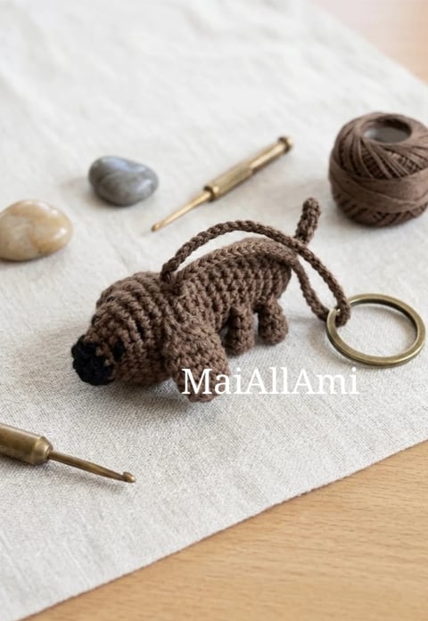 Small crocheted brown elephant amigurumi keychain surrounded by crafting supplies including yarn, crochet hooks, and stones