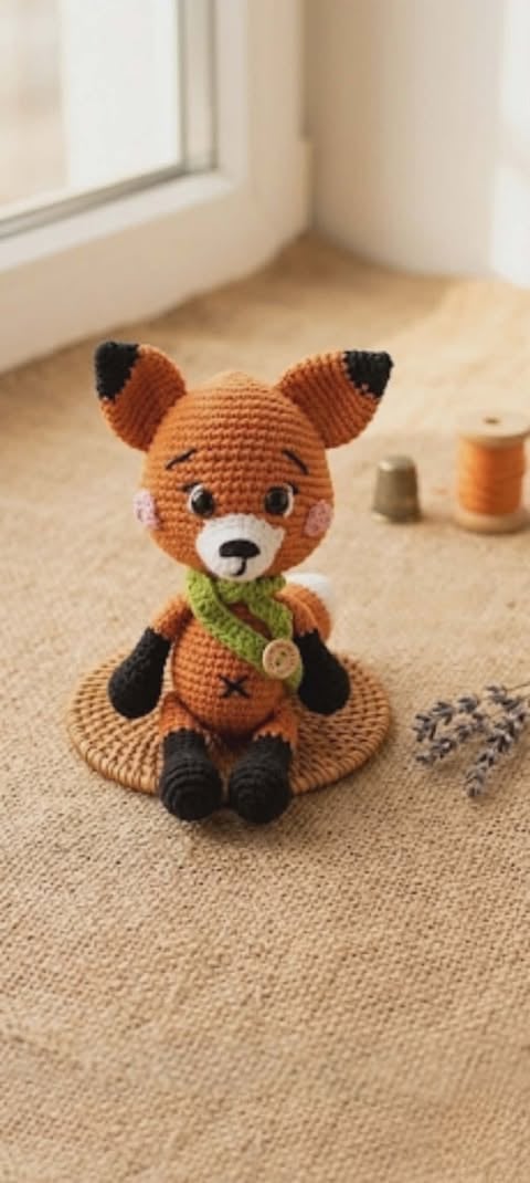 Crocheted fox amigurumi with orange body, black ears and paws, white face, and green scarf sitting on a woven mat by a window