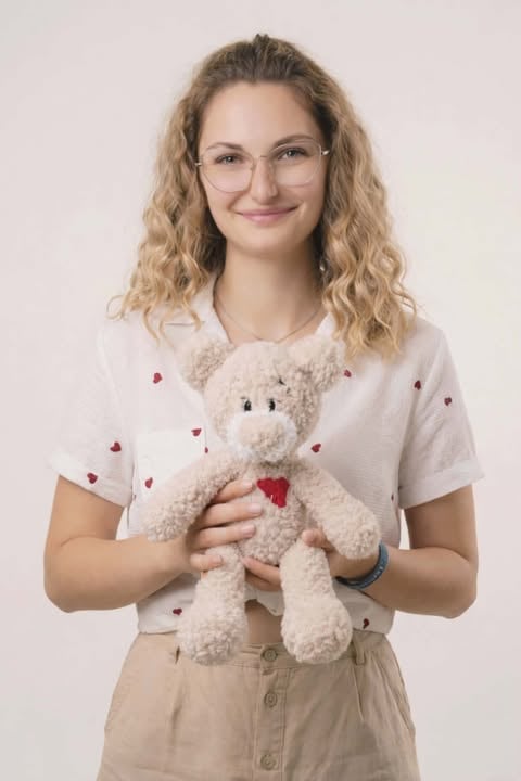 Woman wearing glasses and heart-patterned shirt holding a cream-colored teddy bear with a red heart
