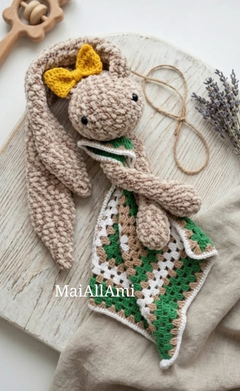 Crocheted bunny amigurumi with yellow bow and a mermaid tail, displayed on neutral fabric with crafting supplies