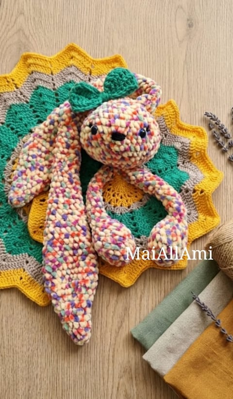 Colorful crocheted amigurumi octopus with textured tentacles on a knitted background, displayed on wood flooring with crafting supplies nearby