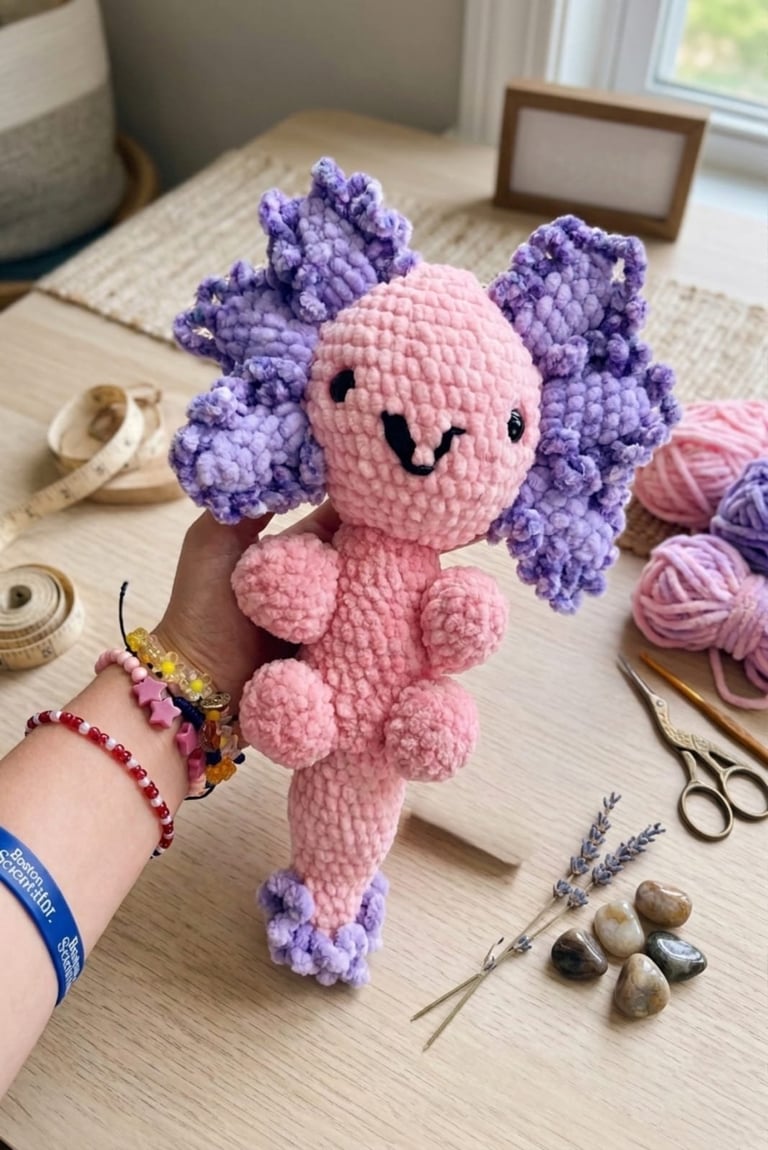 Crocheted amigurumi character with pink body and purple textured wings, smiling face, held in hand on crafting table