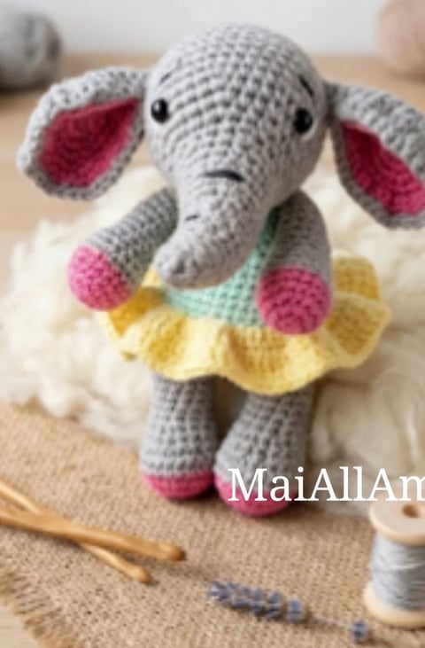 Handmade crocheted gray elephant amigurumi toy with pink inner ears, pink paws, and a colorful yellow and mint green dress collar