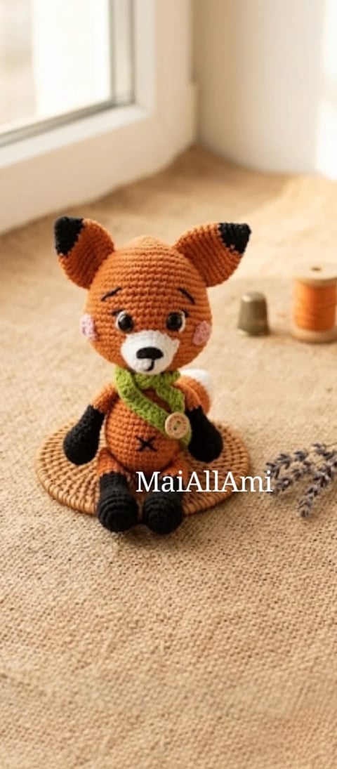 Handmade crocheted orange fox amigurumi with black ears and legs, wearing a green scarf, sitting on a beige carpet near a window