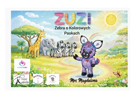 Zuzi - Zebra o Kolorowych Paskach book cover featuring cartoon animals in African landscape with sun and flora