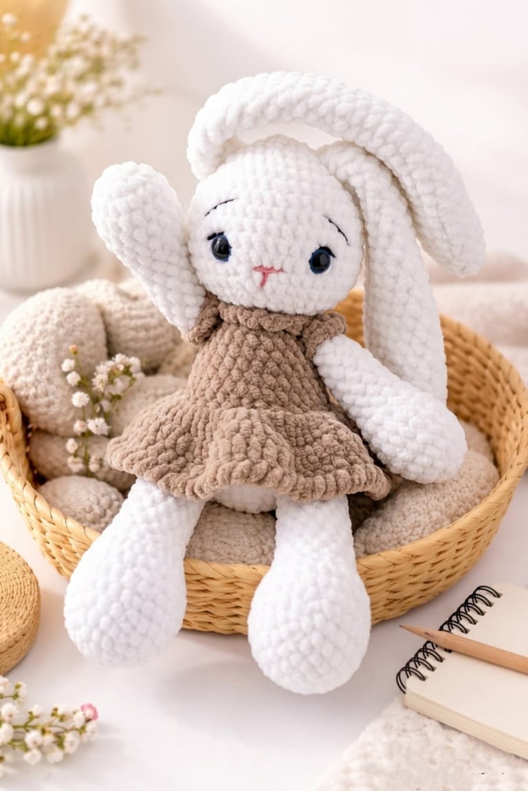 Handmade crocheted white rabbit doll wearing a beige dress, sitting in a wicker basket with dried flowers and decorative items