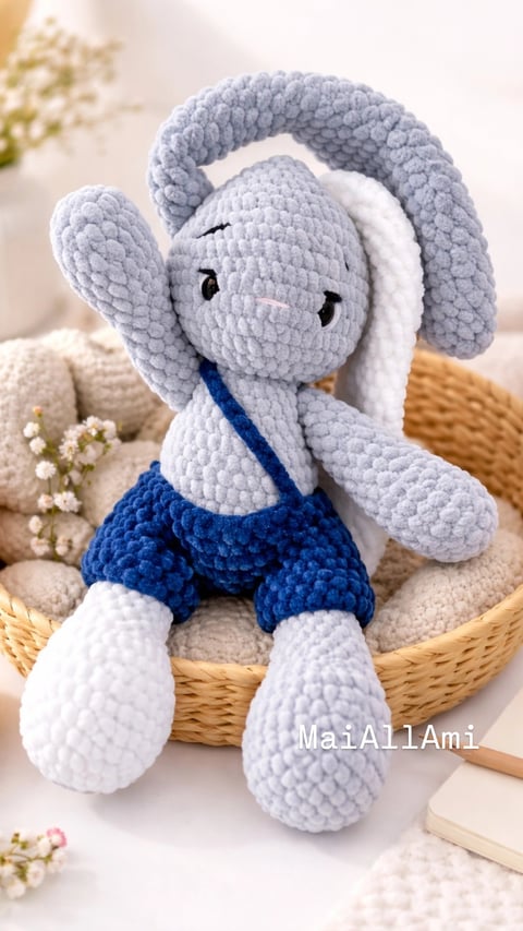 Crocheted gray and blue stuffed elephant amigurumi toy sitting in a woven basket with flowers and decorative items