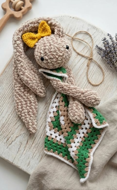 Crocheted beige bunny with yellow bow and green carrot blanket on wooden surface with twine and lavender