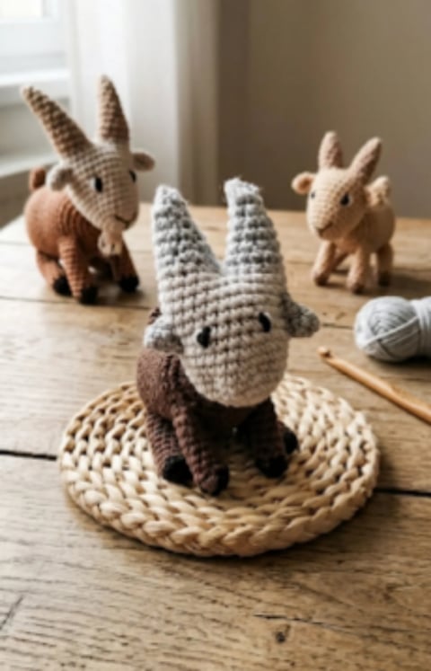 Three crocheted amigurumi goats in brown and gray on a wooden surface with crafting materials nearby